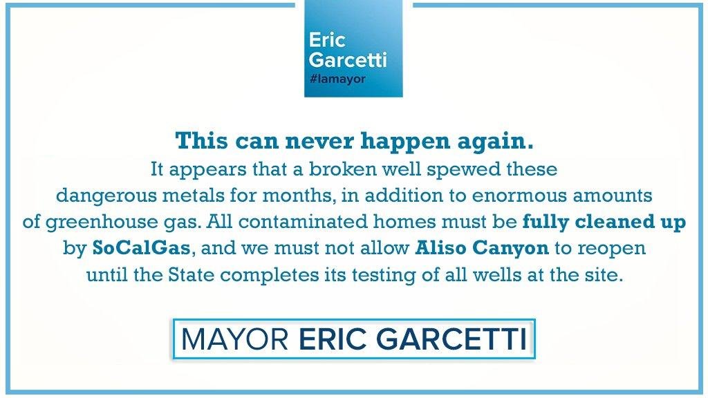 Statement: Mayor Garcetti on the results of County Public Health testing in Porter Ranch.