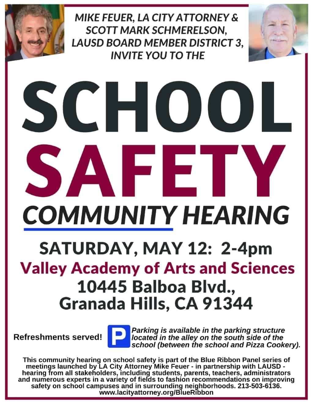 Granada Hills – School Safety Community Hearing: LAUSD Board Member Schmerelson & City Attorney Feuer
