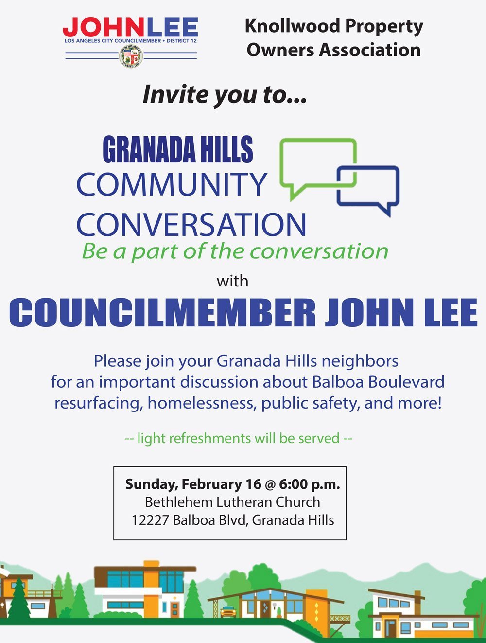 Granada Hills Community Conversation with Councilmember John Lee – Sunday, February 16