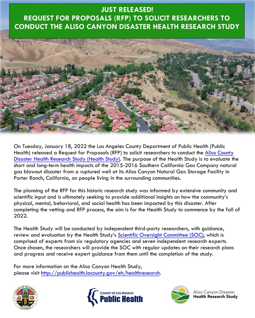 Request for Proposals (RFP) to Solicit Researchers to Conduct the Aliso Canyon Disaster Health Research Study