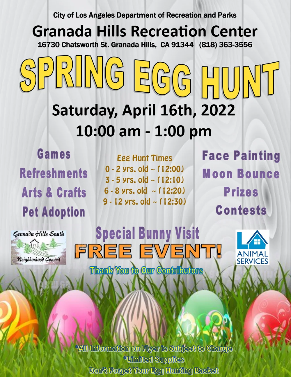Spring Egg Hunt – Saturday, April 16 at Granada Hills Recreation Center